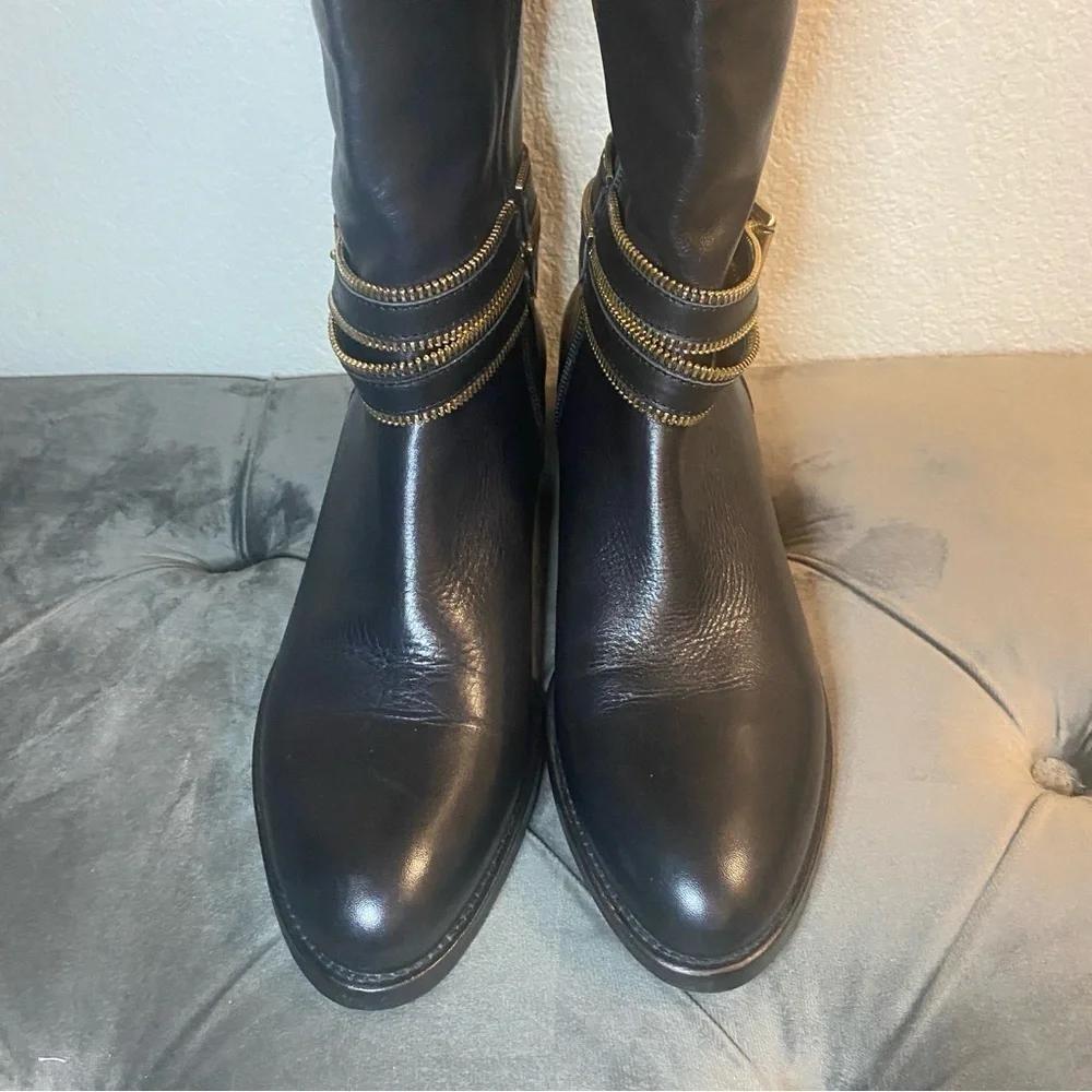 NWOB Heyraud Knee High Black Leather Boots With Gold Hardware - Size 40